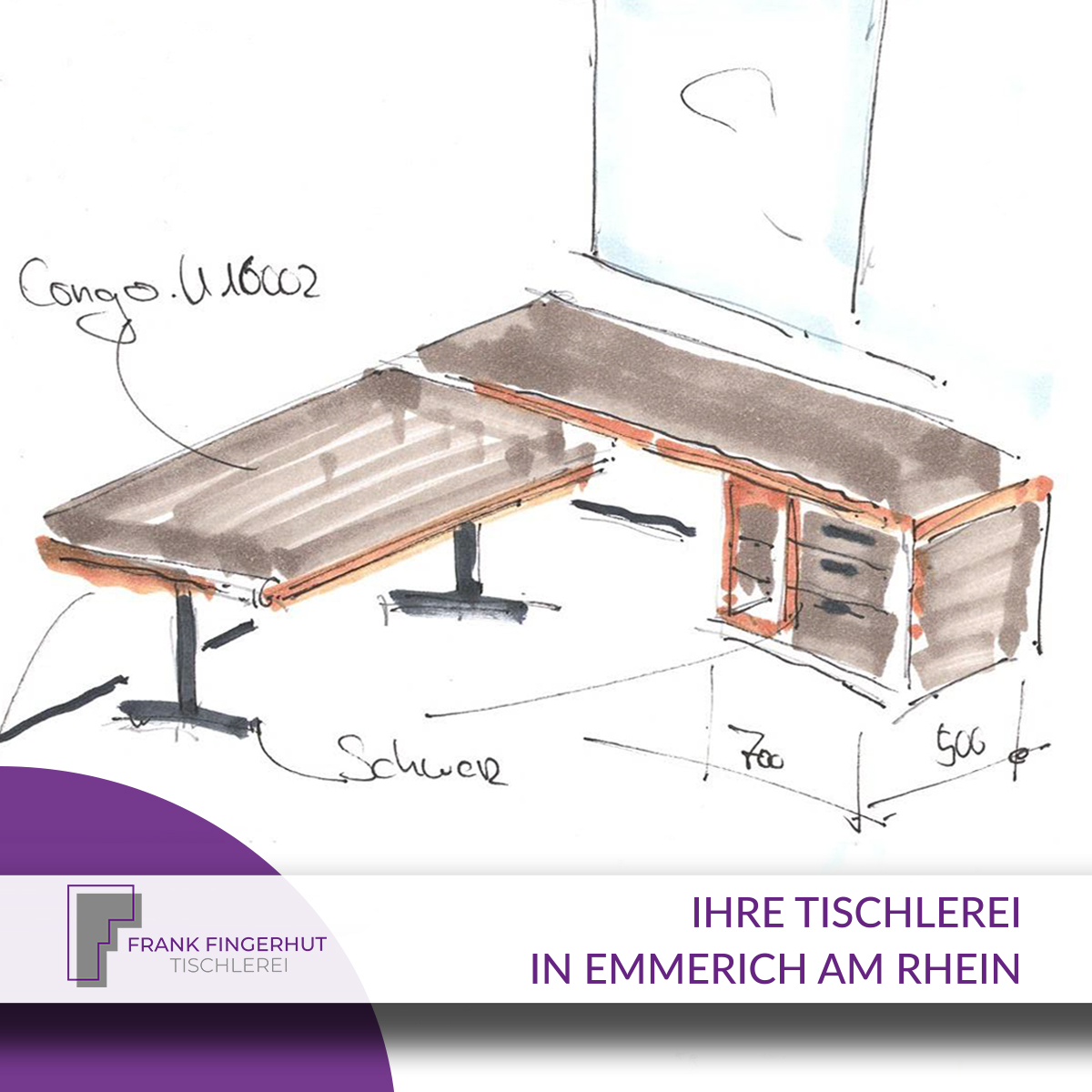 Zu sehen ist ein Scribble eines Eckschreibtisches, das durch einen Tischler erstellt wurde.